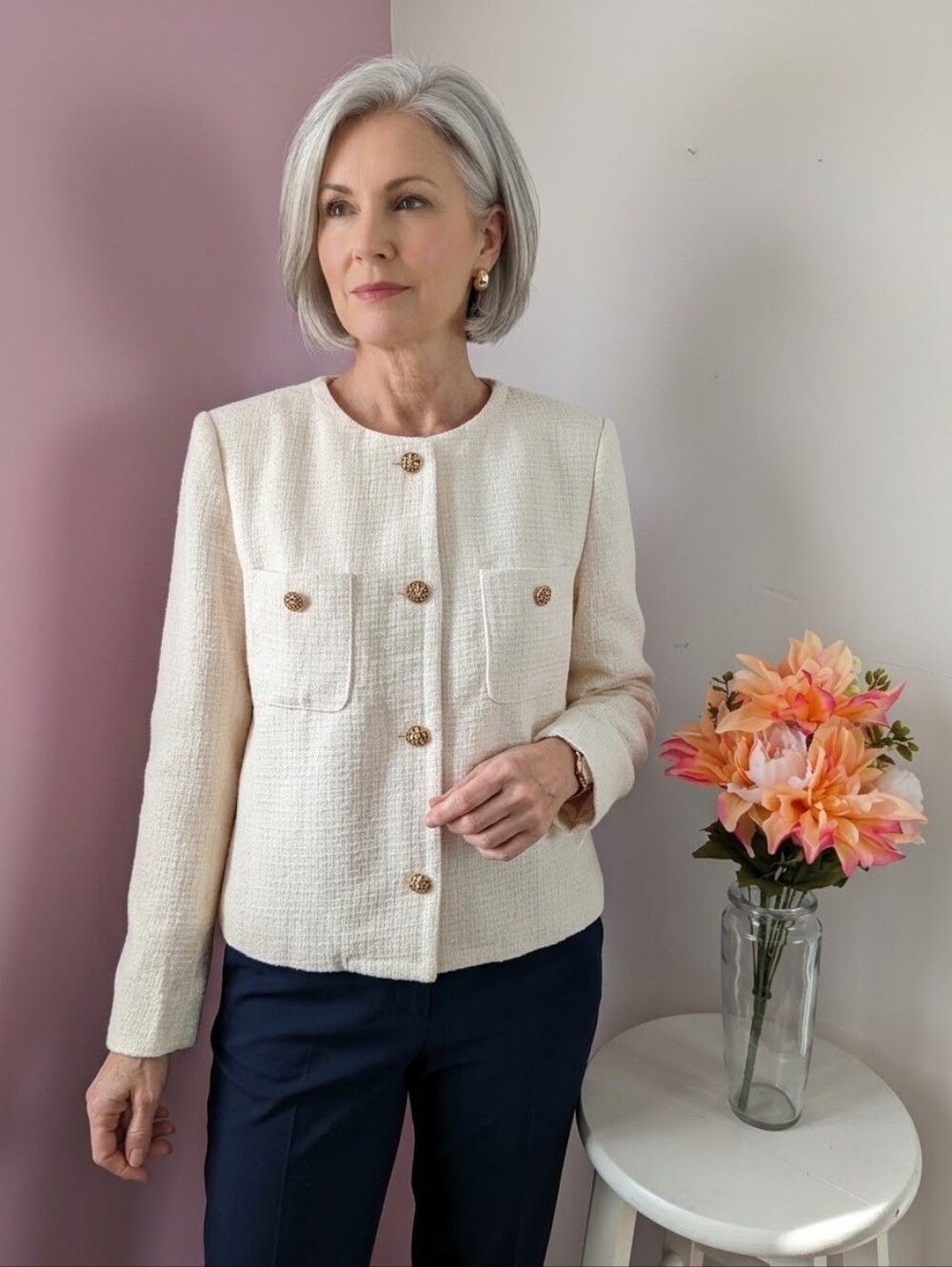 NWT Elegant Cream Tweed Jacket with Gold Detail Buttons - Size L